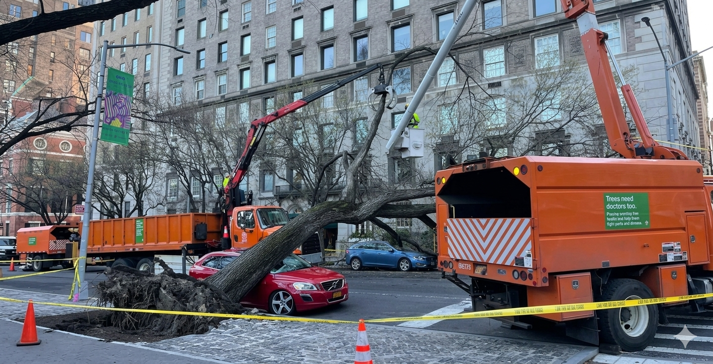 Tree Removal Service Working Near a Manhattan Brownstone