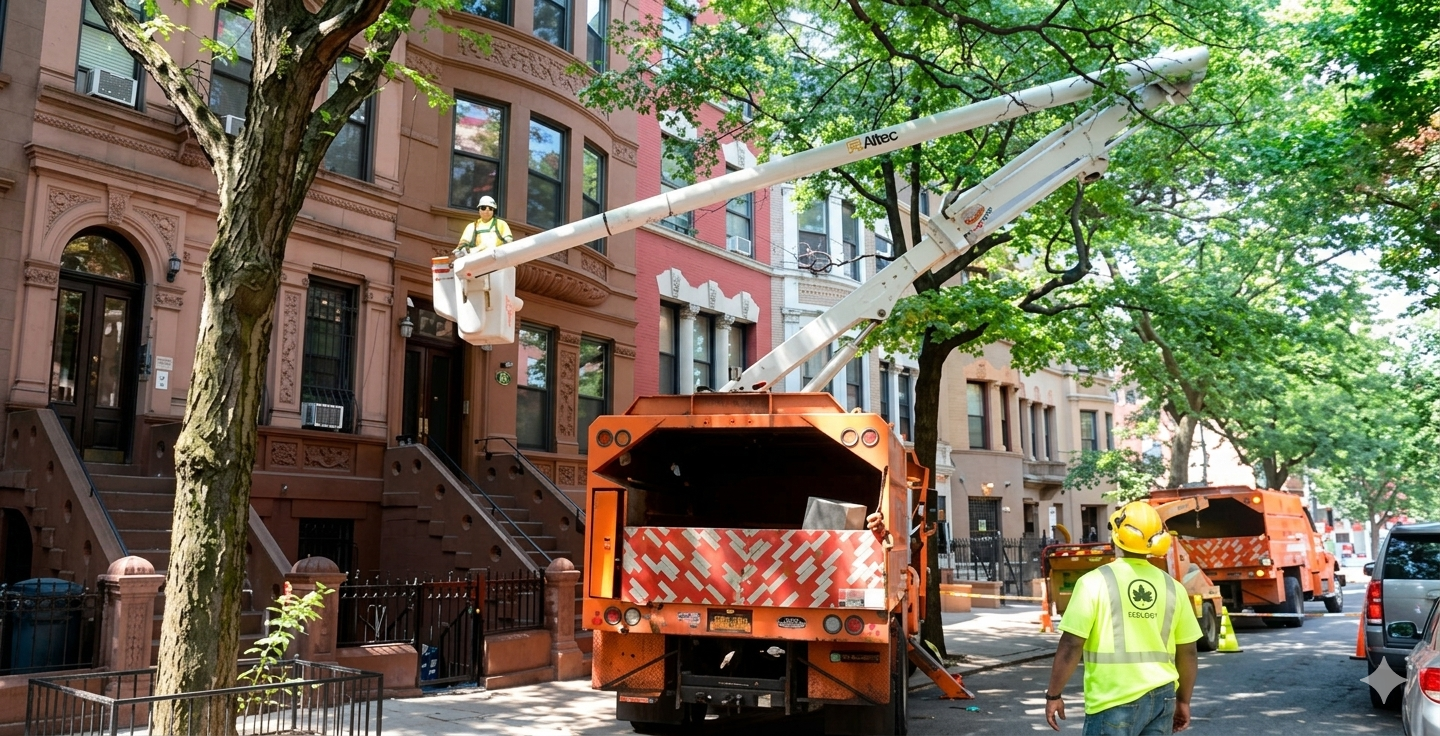 Professional Tree Removal Crew Using a Crane in Manhattan